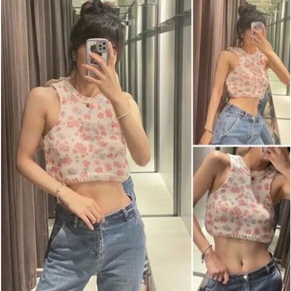 Zara Floral Knit Crop Top Pink Beige Size Small - Picture 2 of 5